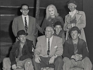 Director Herbert Blau, warden FR Dickson, and the cast of 1957 San Quentin performance of Waiting for Godot