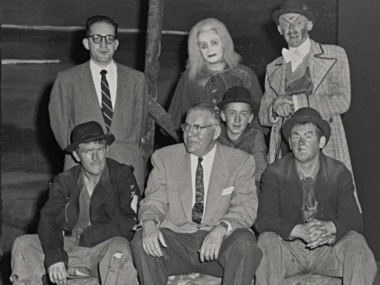 Director Herbert Blau, warden FR Dickson, and the cast of 1957 San Quentin performance of Waiting for Godot