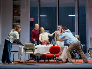 Phia Saban, Mark Strong, Lesley Manville, James Wilbraham, Jordan Scowen and June Watson in Oedipus. Photo: Manuel Harlan