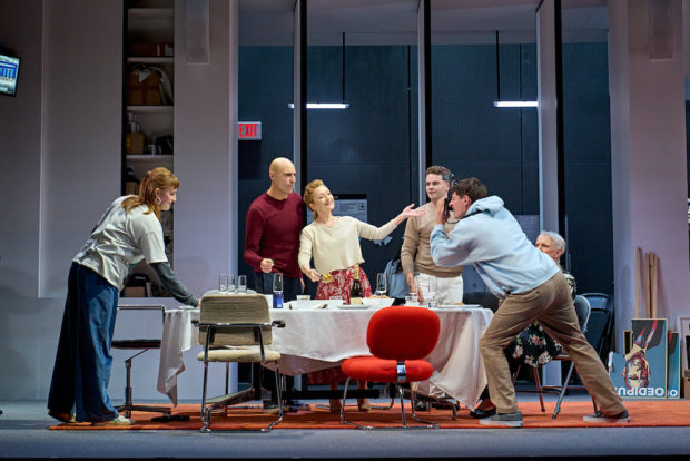 Phia Saban, Mark Strong, Lesley Manville, James Wilbraham, Jordan Scowen and June Watson in Oedipus. Photo: Manuel Harlan